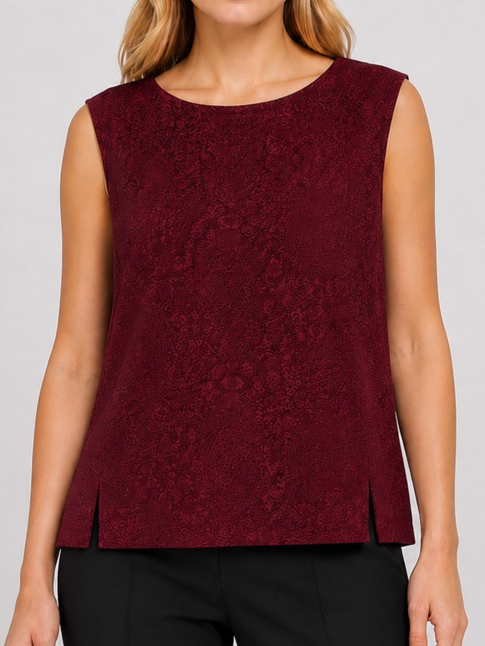 Dressbarn Shirt 20W Red Black Paisley Jacquard Sleeveless Blouse Plus Sz Career